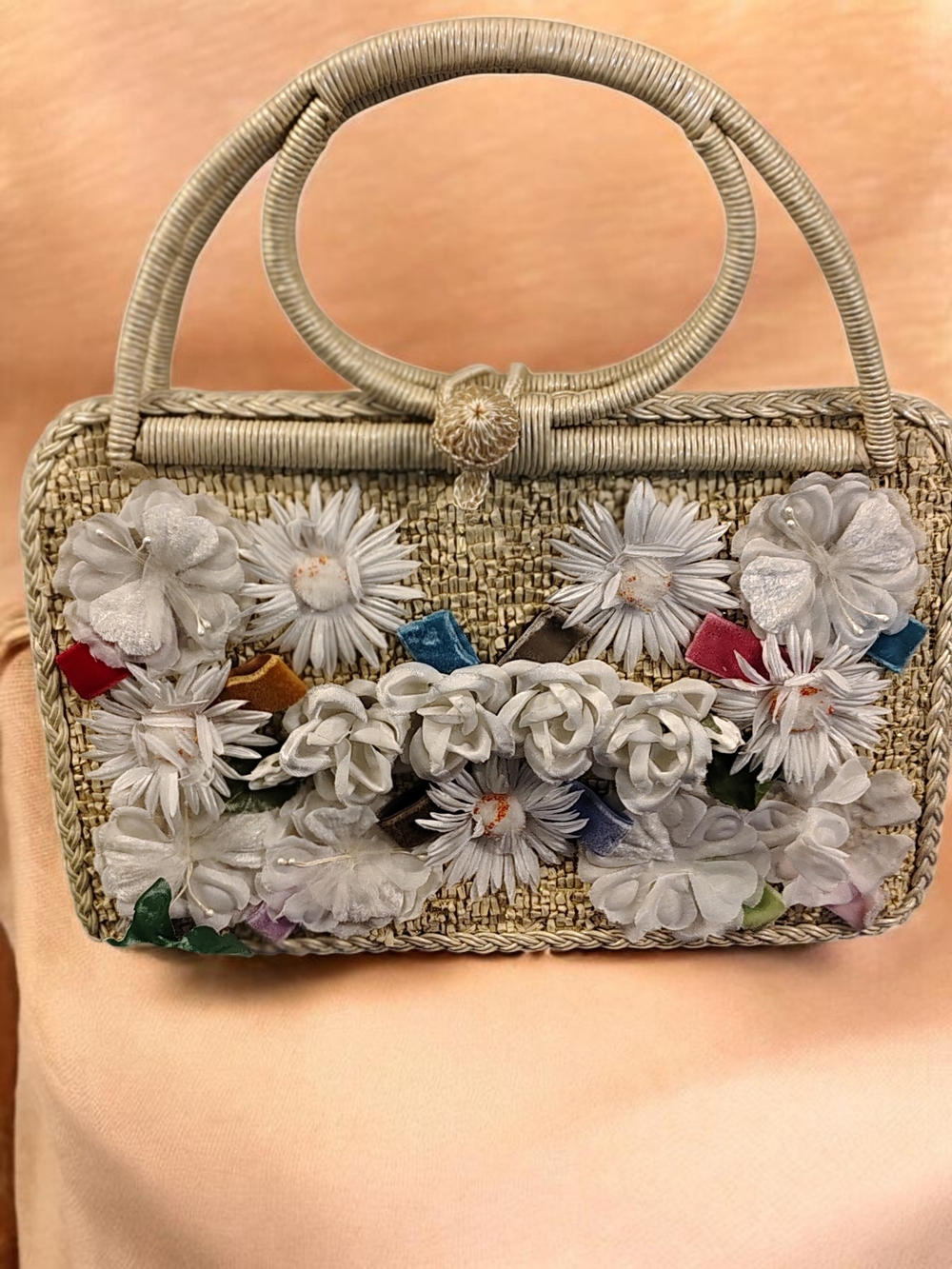 Floral Handmade Straw Top-Handle Bag in Ivory